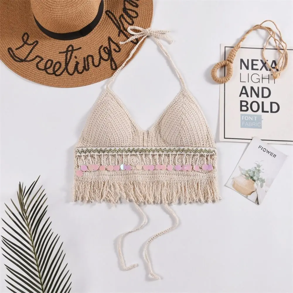 Summer Beach Short Tank Top Sweet Hollow Out Embroidery Halter Top Tassel Women Underwear