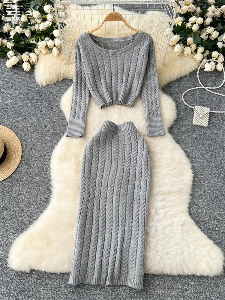 SINGREINY Winter Warm Knitting 2pcs Suits Women Long Sleeve O Neck Short Sweater+Elastic Waist Skirt Autumn Senior Sexy Sets