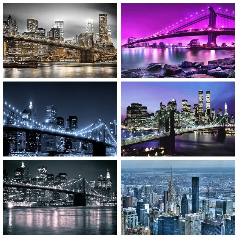 DIY 5D Diamond Painting Night City Skyline Landscape New York Brooklyn Bridge Cross Stitch Kit Full Drill Embroidery Mosaic Art