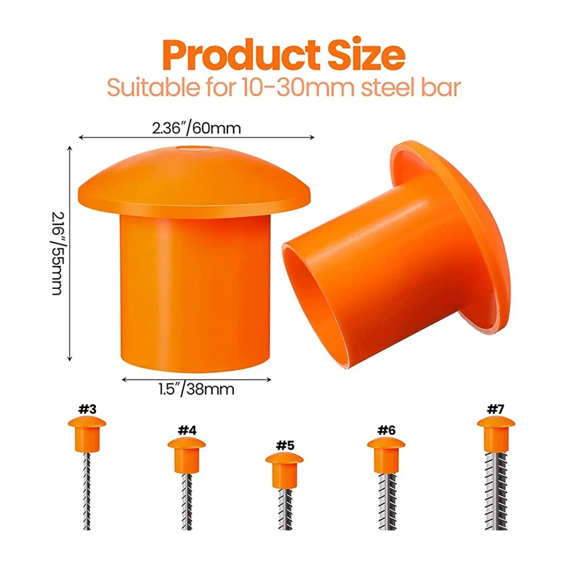 Bouchons de sécurité en plastique pour barres d'armature, 3 à 7, document orange, 100x2.36x2.17 amaran, 1.5 pièces