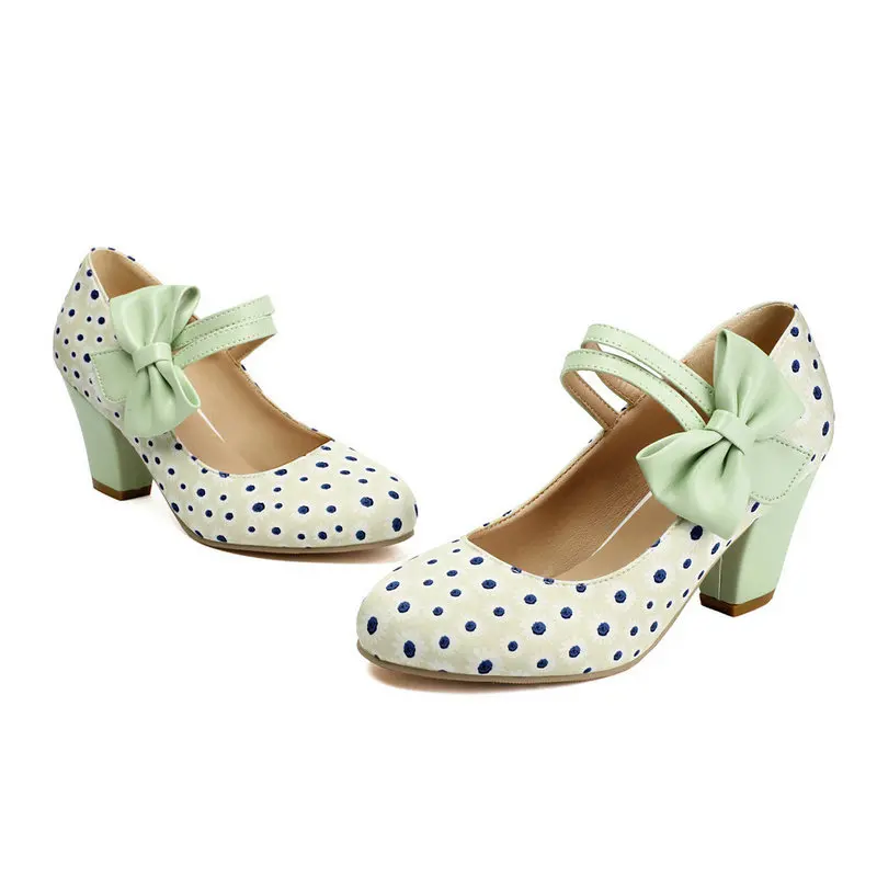 Sweet Lolita Women Mary Jane Pumps Polka Dot Bow Decor Magic Tape Strap Block High Heels Daily Cosplay Party Fashion Footwear