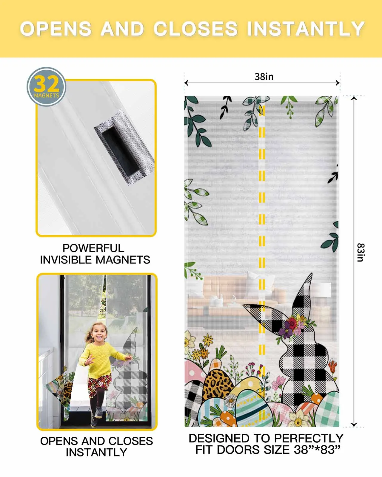 Easter Eggs Bunny Plaid Flowers Summer Magnetic Door Curtain Living Room Bedroom Home Anti-mosquito Screen Door Curtain