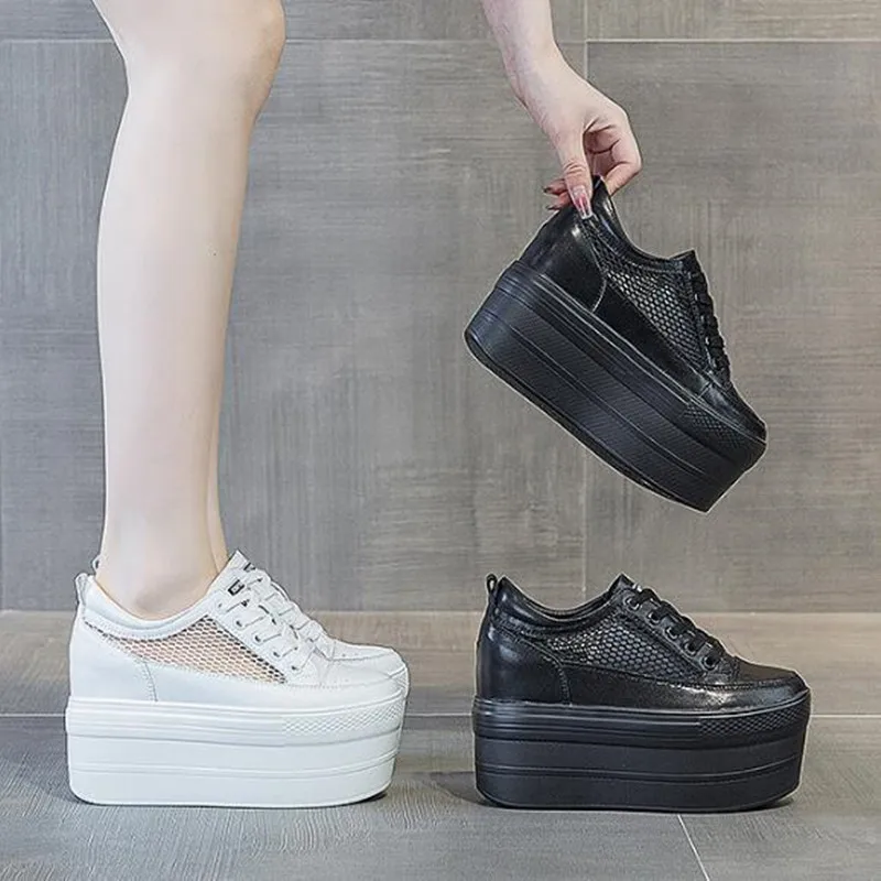 11 سنتيمتر أحذية منصة المرأة الصيف تنفس شبكة الإناث أحذية رياضية موضة سميكة وحيد المرأة جلد طبيعي إسفين حذاء مكتنزة #6