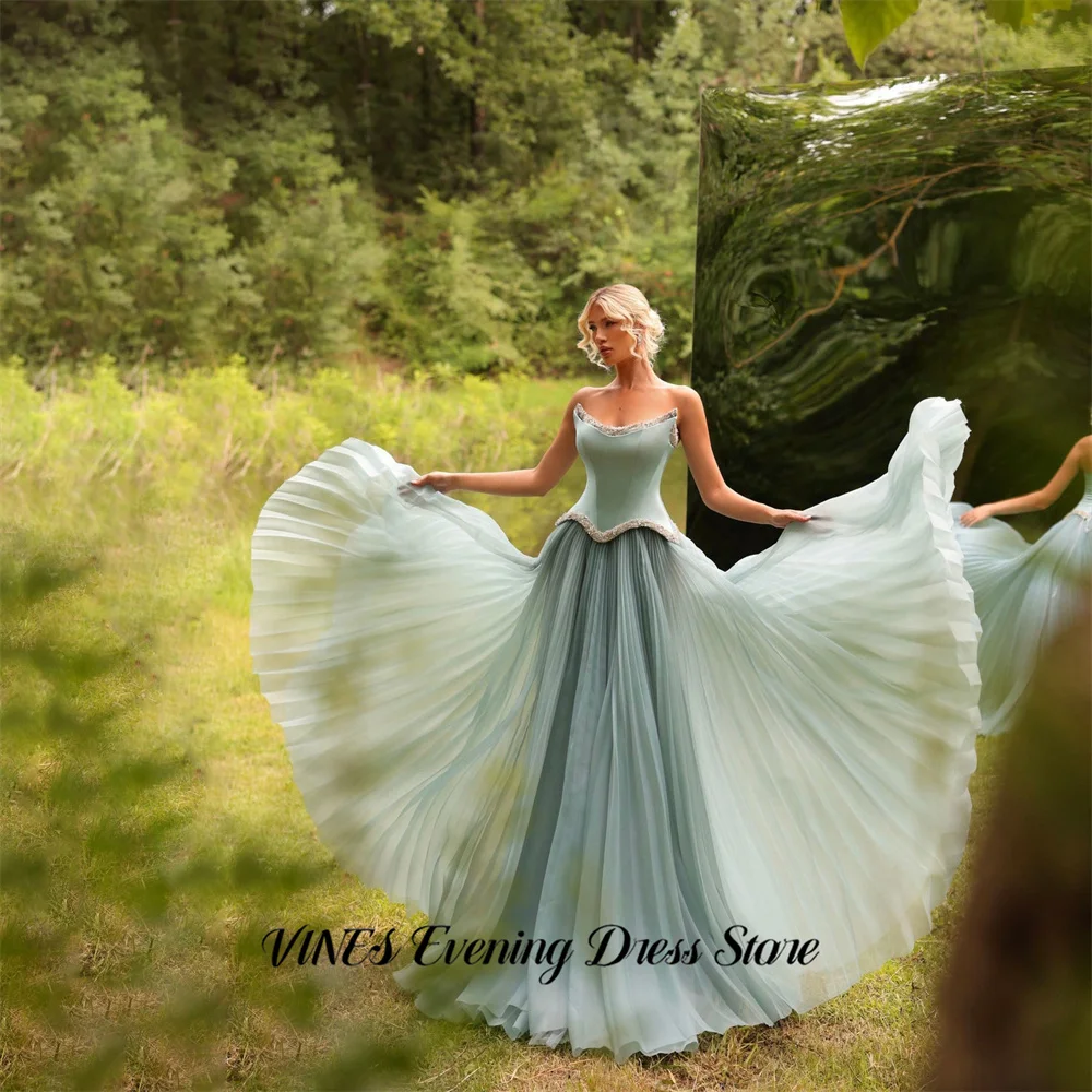 

VINES Dusty Blue Evening Dress Strapless A Line Prom Dress Pleated Chiffon Party Formal Gown with Crystal Gala Dress Customized