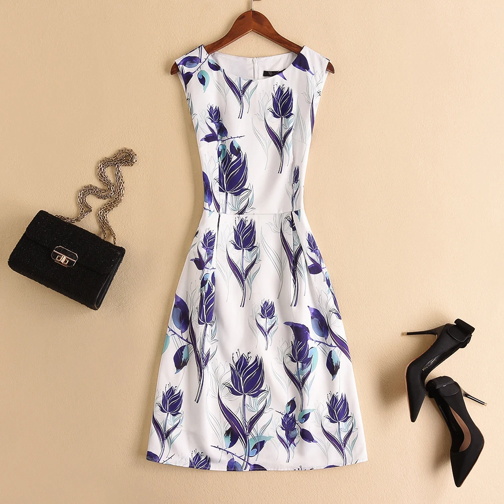 

Slimming A-Line Printed Dr round Ne Svel Women's Summer Faion Ele Commute Sle Polyester Fiber Gown