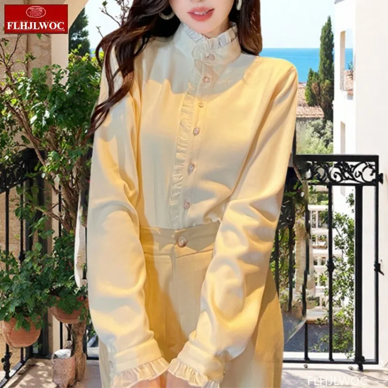

2025 Autumn Winter Basics Shirts New Fashion French Design Women Long Sleeve Office Lady Work Stand Collar Ruffles Tops Blouses