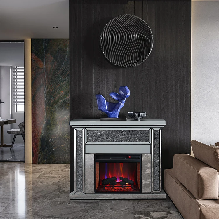 Luxury 47 Inch Mirrored Fireplace TV Stand Crushed Diamond Fire Place Remote Control Electric Fireplace with Mantel