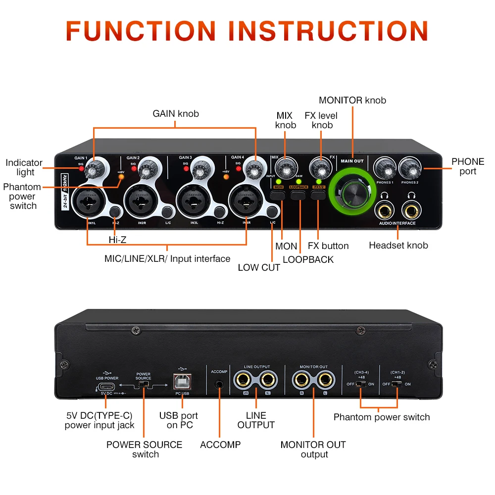XTUGA MD404 Hot Selling 4 Channels Professional 24bit 192kHz Studio De Audio Sound Card Usb Audio Interface For Live Recording