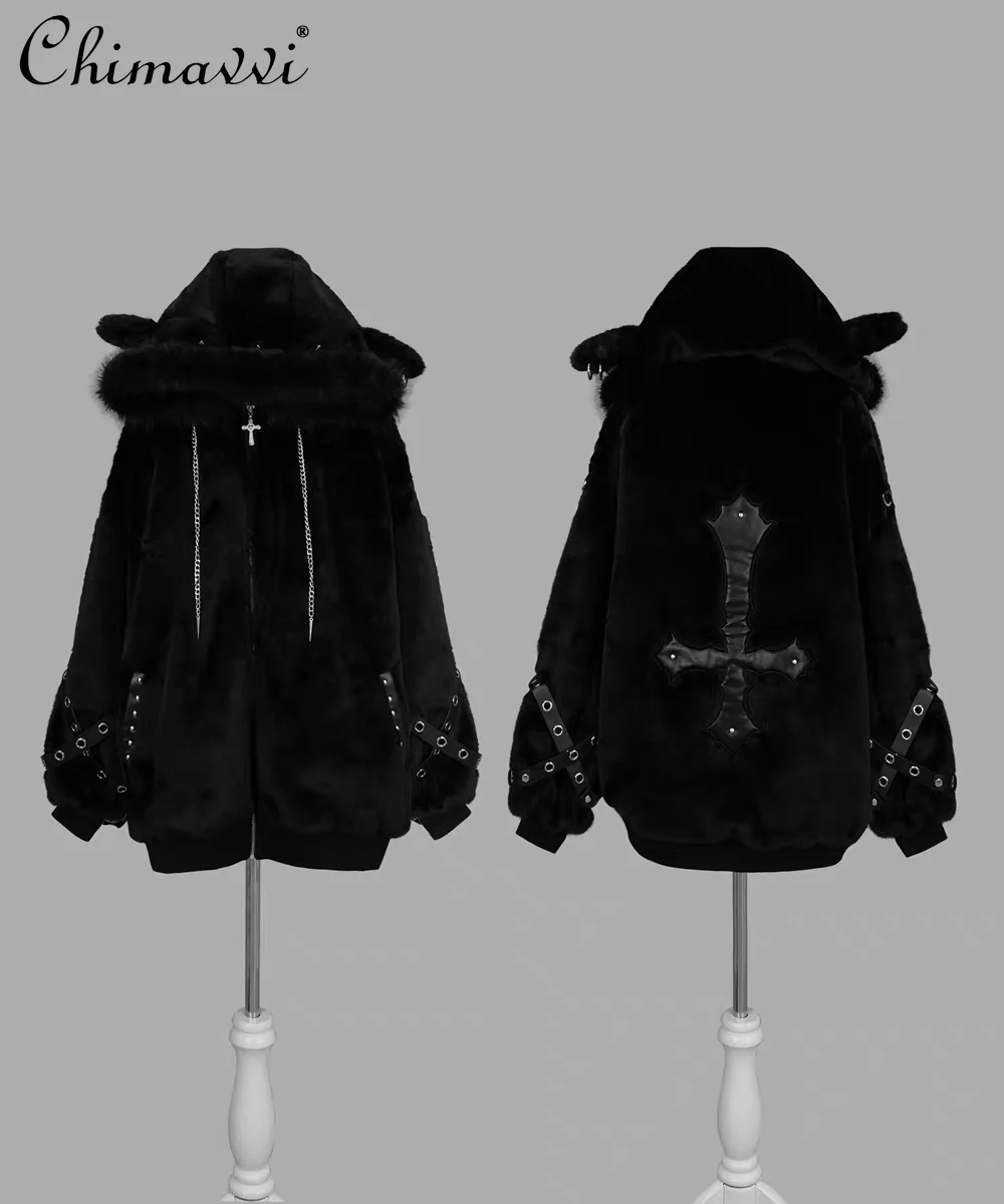 Harajuku Japanese Y2K Warm Coat Women Autumn and Winter Subculture Punk Mine Series Cute Girls Women Furry Lamb Ear Jacket