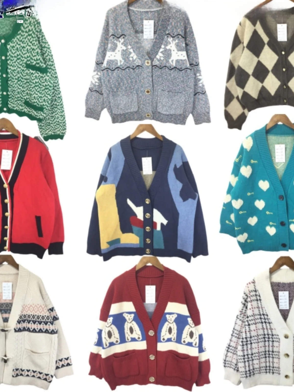 

Vintage Loose Women's Sweater Button-Up Color Blo Diamond Pattern Lazy Hong Kong Sle Open Cardigan Coat Autumn Winter