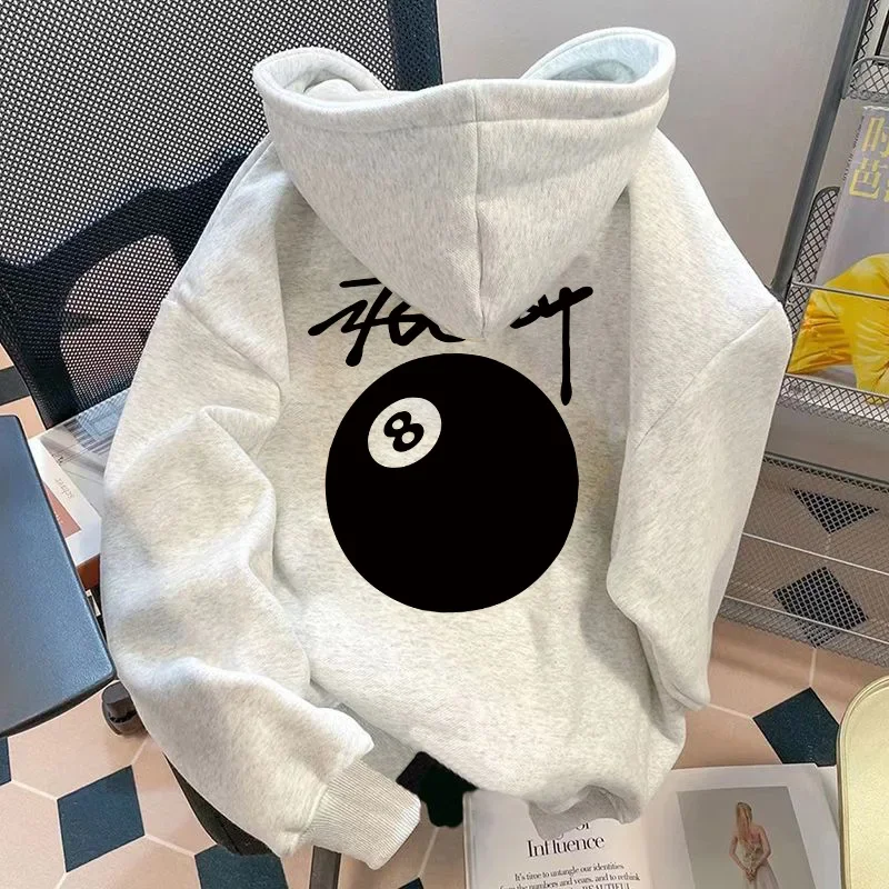 النمط الأمريكي الوزن الثقيل الأسود 8 بركة طباعة هوديي الرجال فضفاض صوف مبطن سترة الأزواج الخريف الشتاء Ins ملابس خارجية