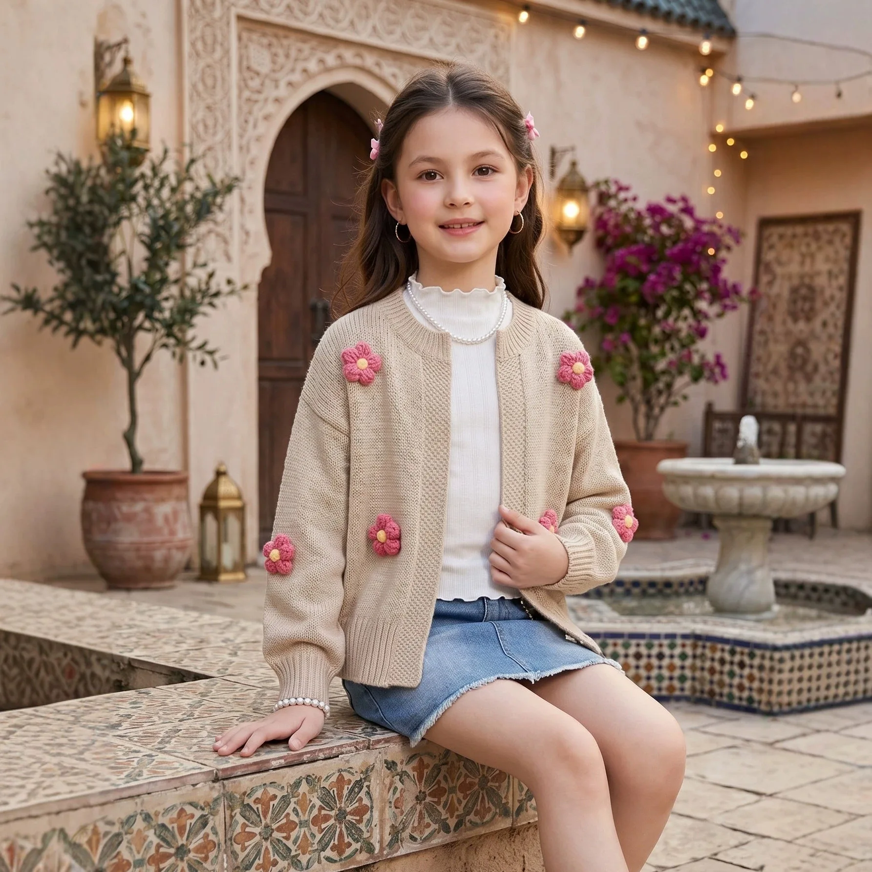 Girls Sweet Wind Flower Sweater Cardigan Versatile Knitted Sweater Jacket Children's Clothing
