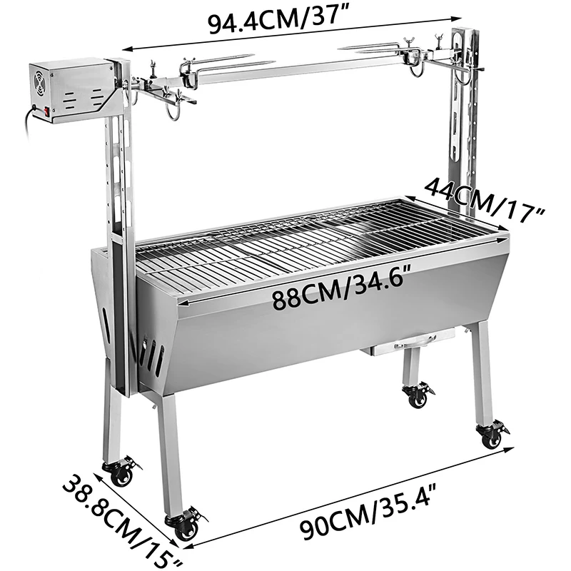 40KG / 88LBS Electric Roaster Grill 2 in 1 BBQ Rotisserie Grill W/ Lockable Wheels for Roasting Sheep Turkey Beef Fish