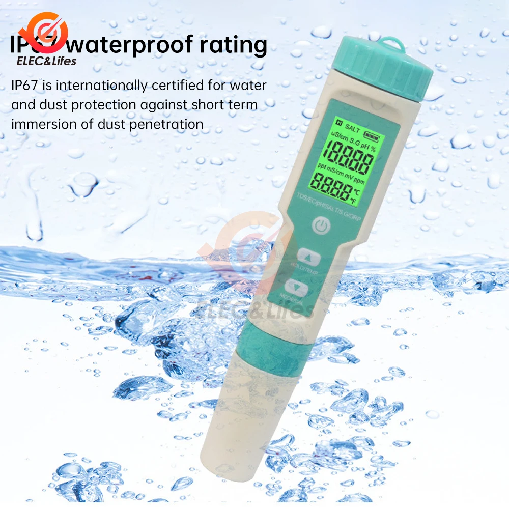 7 in 1 Water Quality Tester Digital TDS/PH/EC/SALT/S.G/ORP/TEMP Meter for Pools Aquariums Water LCD Backlight Quality Detector