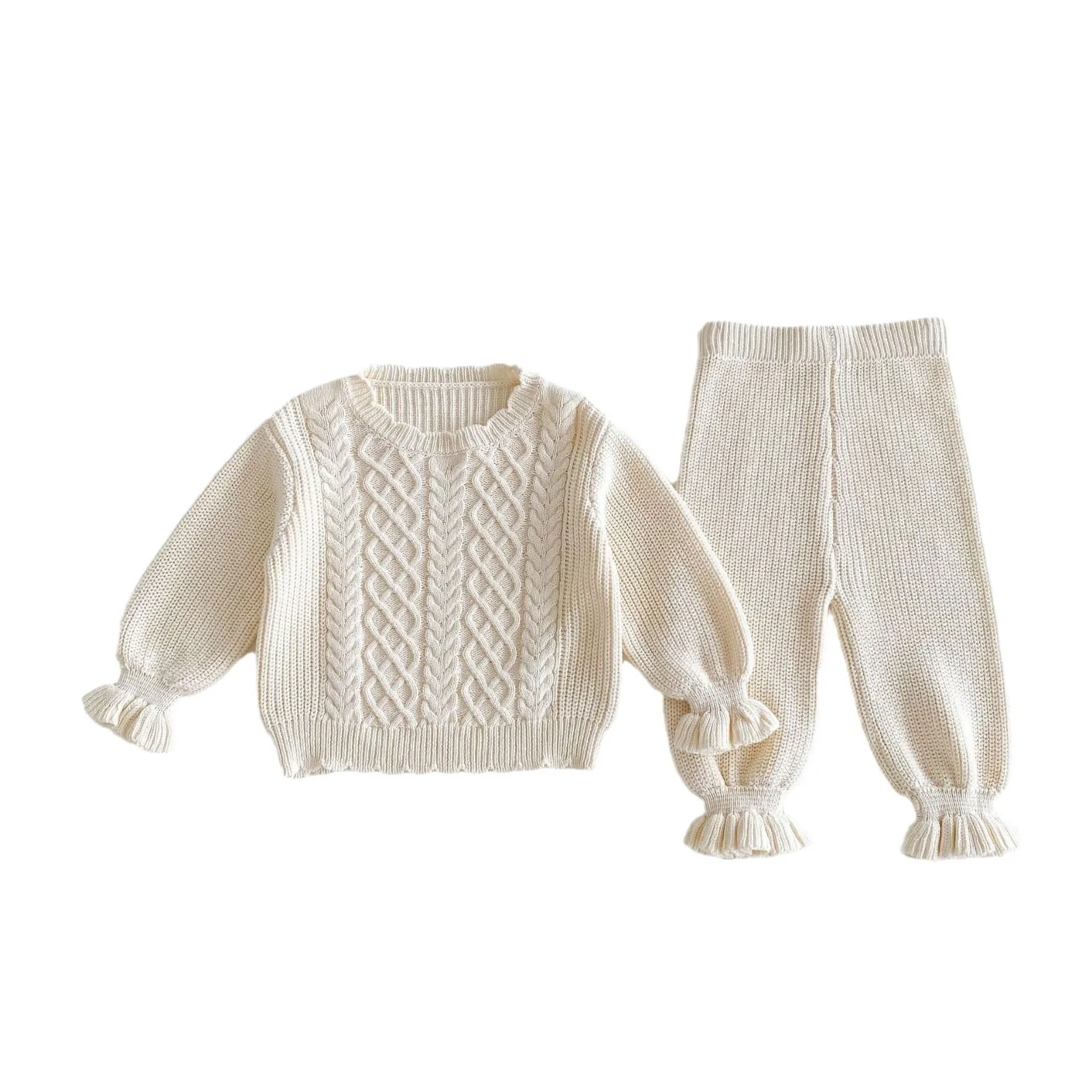 2024 Autumn New Children Long Sleeve Knitted Set Toddler Girls Solid Vintage Sweater + Pants 2pcs Suit Kids Casual Warm Outfits