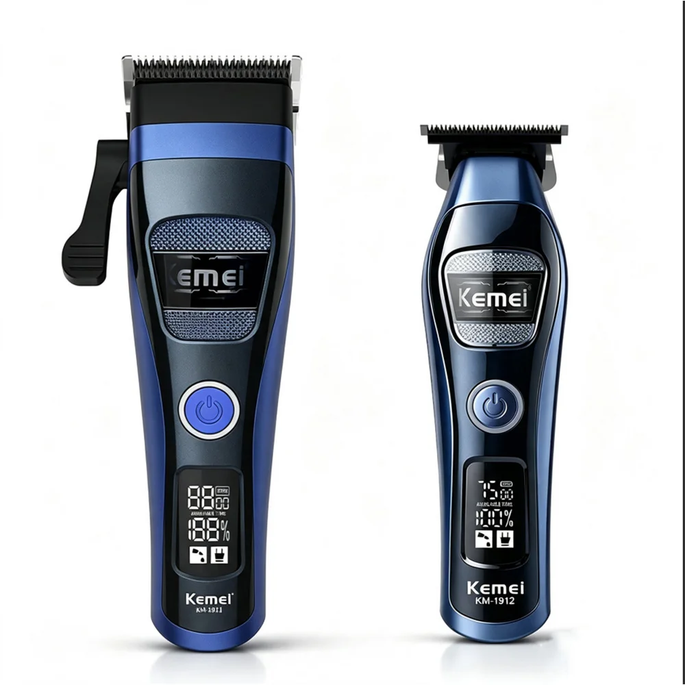 Kemei 1911 New Kemei Machine Barbering Kit Blue 0mm Hair Clipper Pro Professional Hair Trimmer For Man Full Set Box