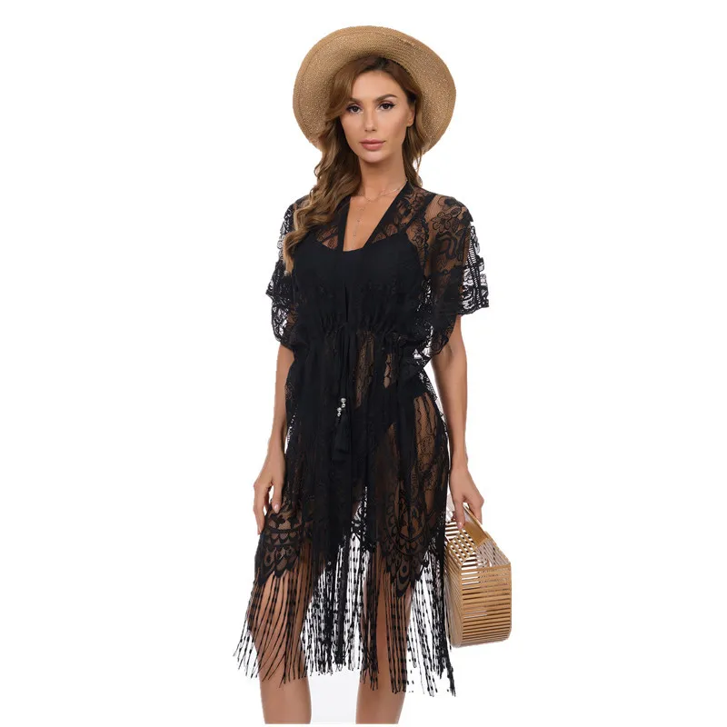 

Lace Beach Skirt Sexy Bikini Blouse Summer Sunscreen Hollow-out Large Size Cardigan Women Seaside Holiday Leisure Fashion Black