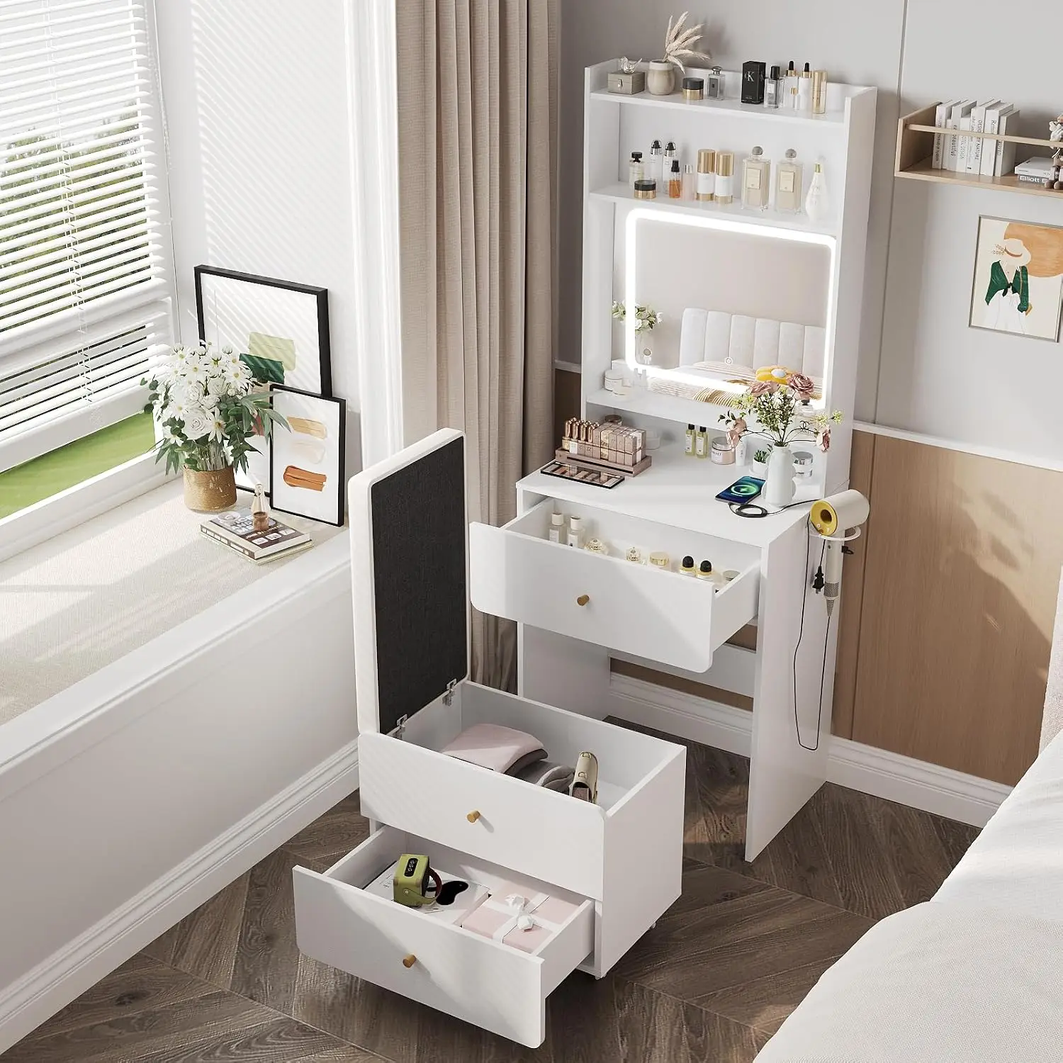 Make Up Vanity Desk with Mirror & Lights Small Vanity With Storage Chair White Vanity Table Set with Charger Station Customized