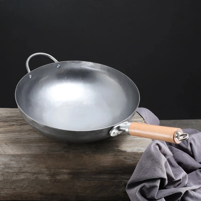 

Master Star Upgraded Version Chinese Iron Wok Wooden Handle With Ear Handmade Non-Coating Traditional Pot Gas Cooker Top Quality