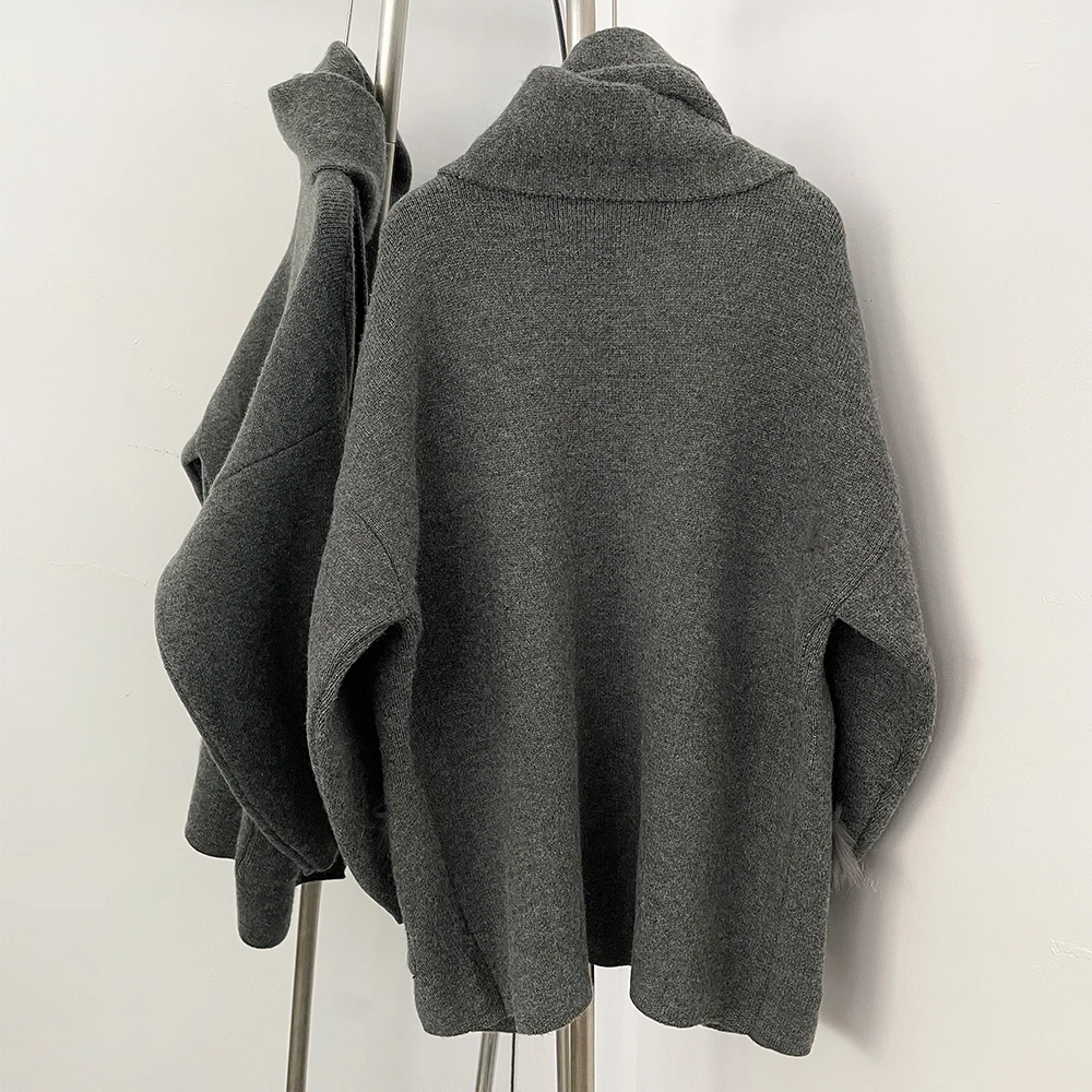 Oftbuy camisola feminina oversize casaco de malha jaqueta de pele de raposa real com pele de malha solta ajuste bolsos roupas femininas cardigan feminino