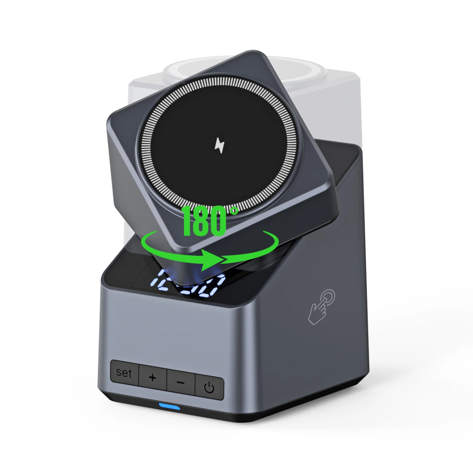 

15w Fast Magnetic Wireless Charger Stand Touch Automatic Rotation 4 In 1 Wireless Charger Digital Alarm Clock