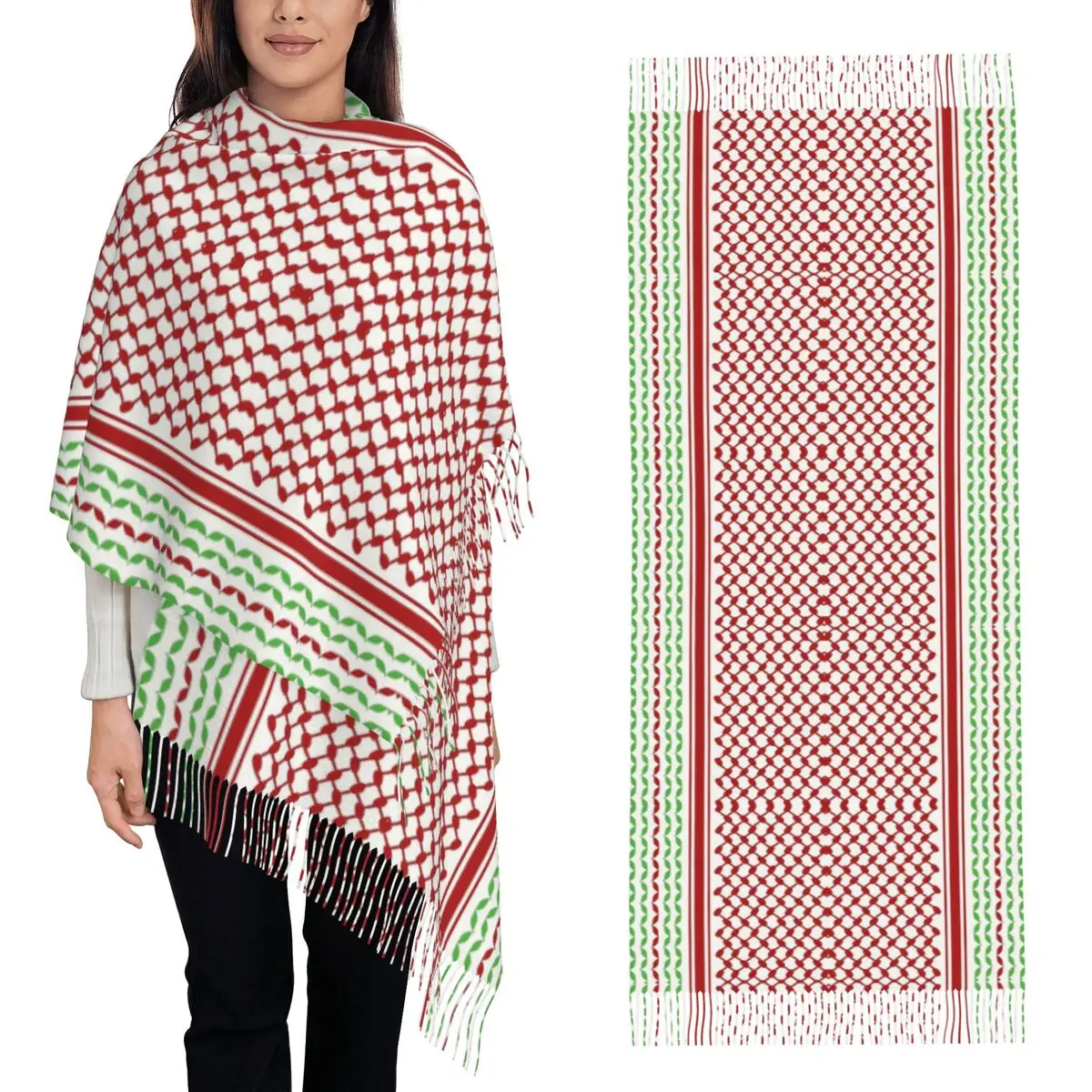 

Red And Green Colors Vertical Keffiyeh Scarf Tassel Scarves for Women Soft Warm Shawls and Wraps Long Fall Winter Shawl Wrap
