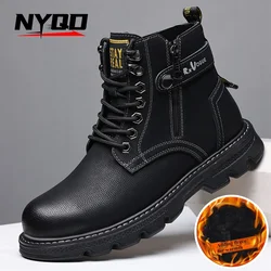 Martin Boots for Men Mid High, Thick Soled Winter Black Workwear Boots Retro British Style Męskie skórzane buty Buty motocyklowe