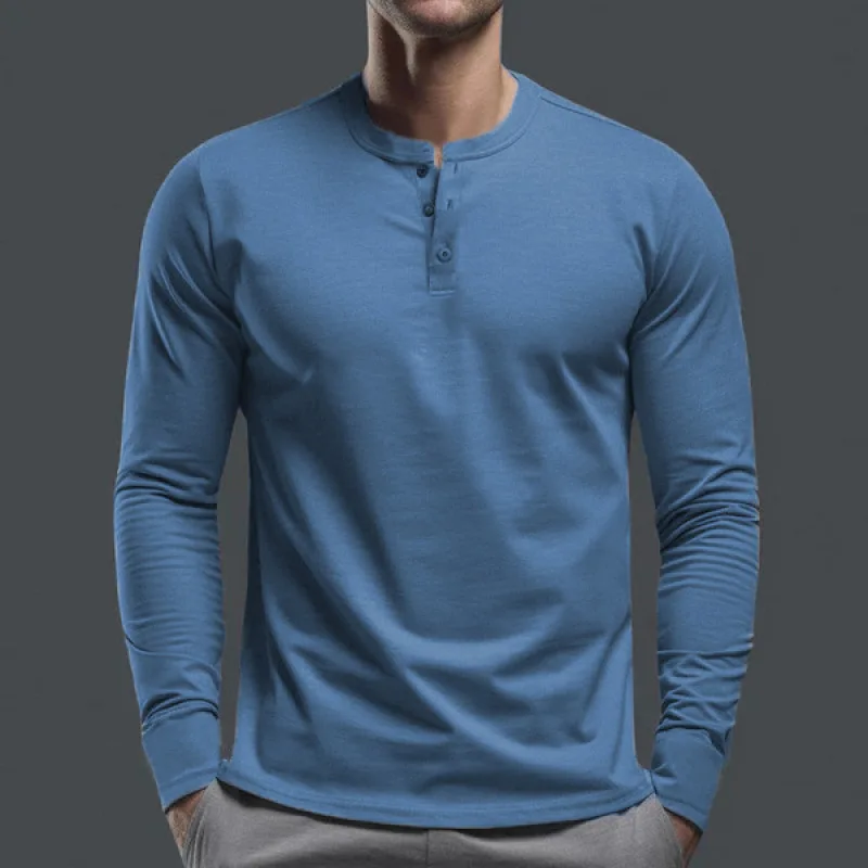 2024 Spring Autumn New Men\'s Pullovers Crew Neck Button Solid Color Fashion Slim Young Style Classic Long Sleeve T-shirt Tops