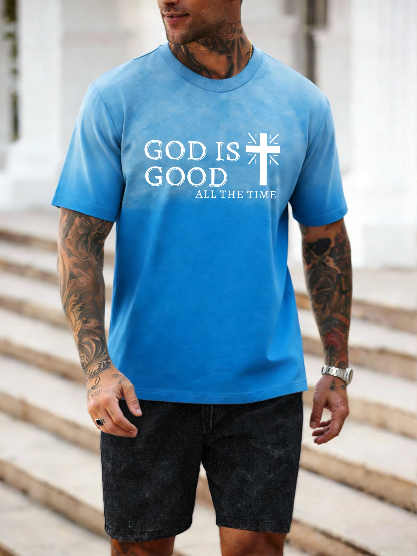 

Мужской комплект: футболка с принтом «God Is Good Cross» и шорты в стиле тай-дай для отпуска, дышащий, хип-хоп, модный, хлопковый, унисекс, с коротким рукавом
