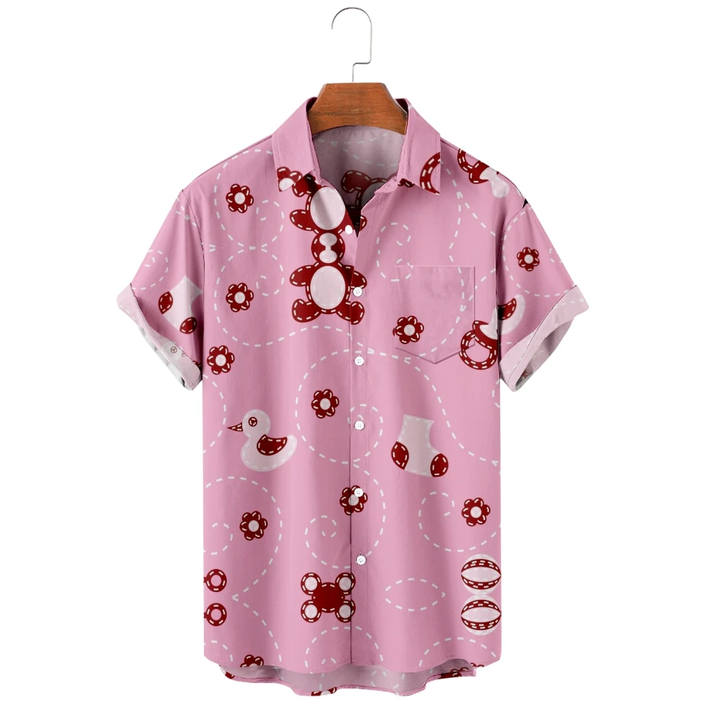 

Men's Hawaiian Shirt loose top 6xl 3D Pink Bear print men's shirt fashion shirt men's T-shirt breathable summer short sleeve