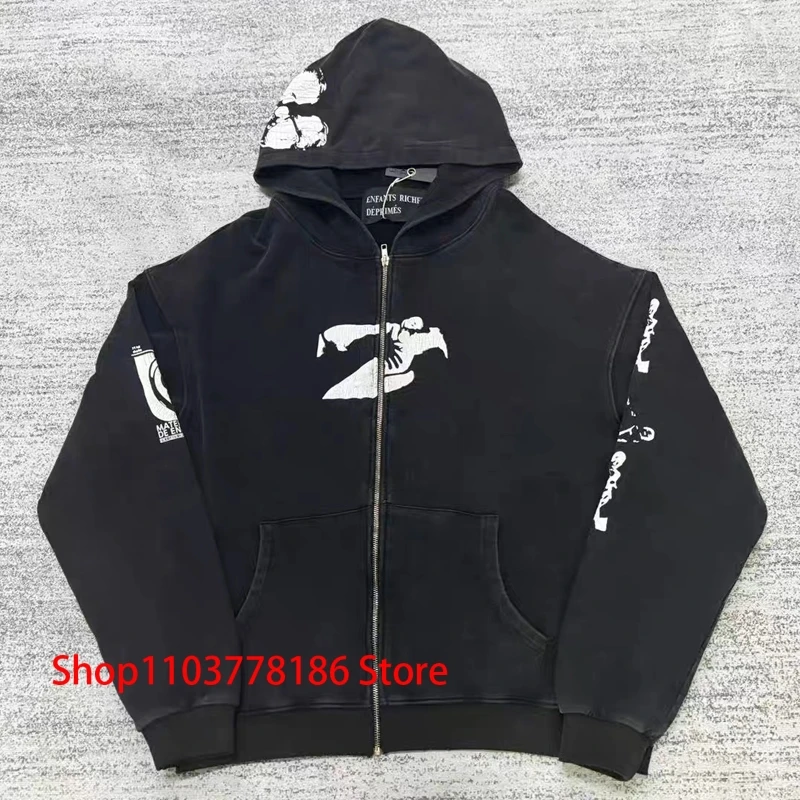 New ERD Hoodie High Street Wash Do Old Crack Print Zipper Coat Men Women Loose Enfants Riches Deprimes Hooded Sweatshirt