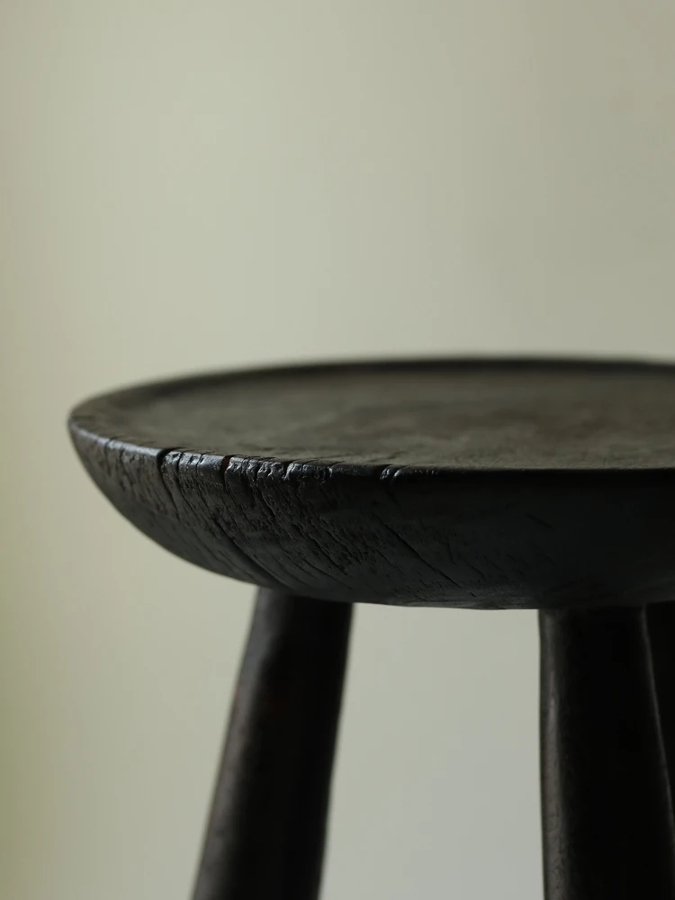 Chinese Retro Style Original Wooden Stool Creative home Decor Wabi-Sabi Style Black Stool Round Wood Side Table Size35x35x45cm