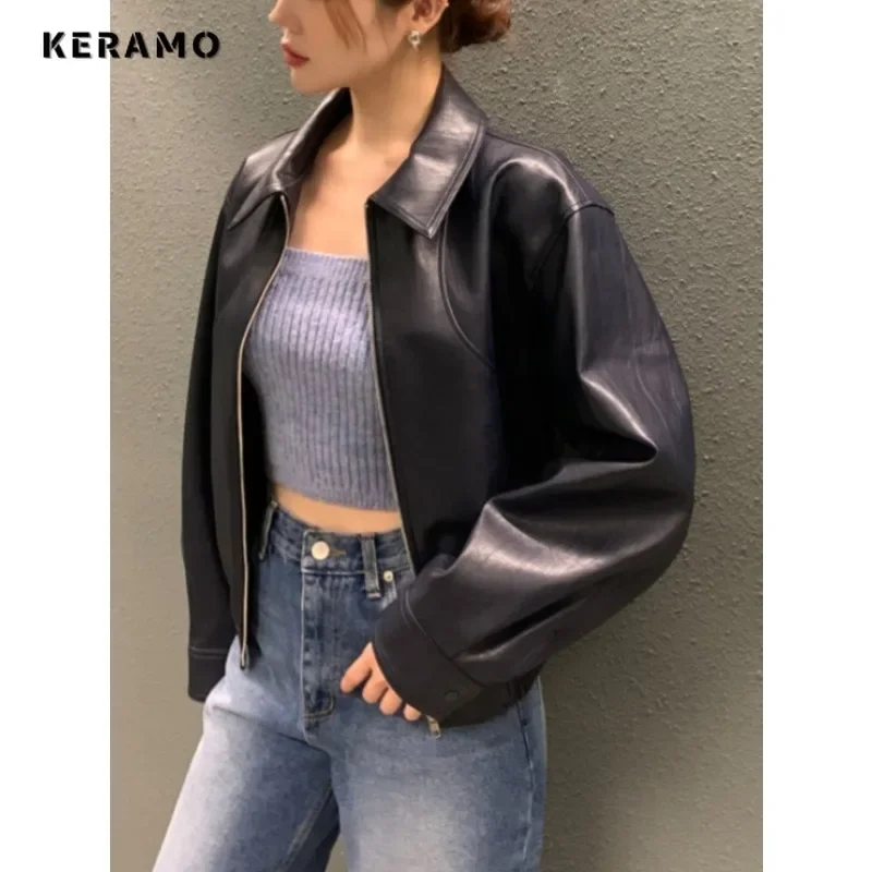 2024 Winter Women Casual Retro Hip-hop Motocycle Faux Leather Jacket Vintage Red Long Sleeve Winter Solid Sheath Faux Jacket