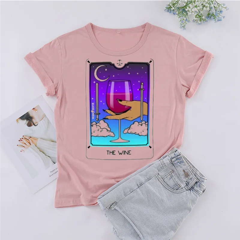 Wine Tarot Card T-shirt Cool Graphic Women Tshirt Fashion Girl Casual Round Neck Female Girl Streetwear Short Sleeve Top Tees