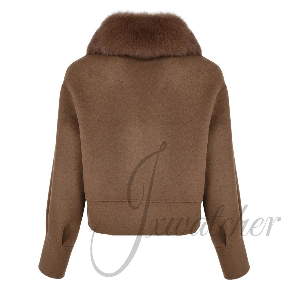 Jxwatcher Women's Wool Coat with Real Fox Fur Collar Ladies Casual Short Style Cashmere Jacket Winter Fashion Cropped Coats Fall
