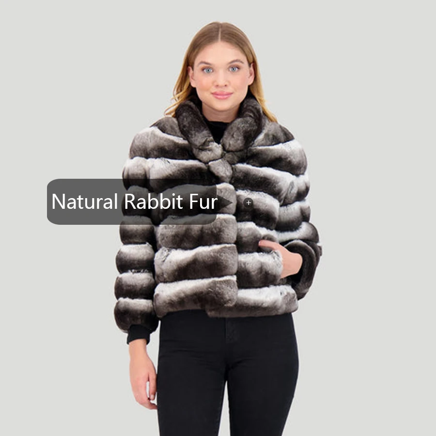 Chaqueta de piel de conejo Rex Natural para mujer, abrigos de piel auténtica de color Chinchilla, chaquetas cortas de cuello alto, novedad de 2024