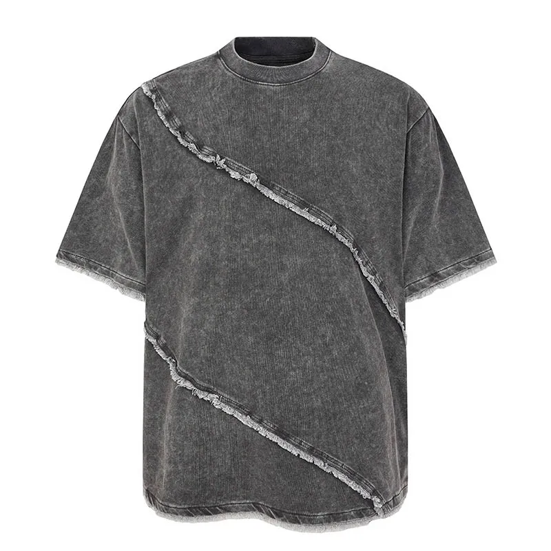Oversized Hip Hop Vintage T Shirts Streetwear Washed Tassel Patchwork Top Tees For Male
