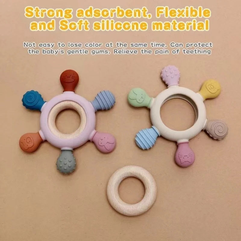 1pc  BPA Free Food Grade Baby Silicone Teether Rudder Shape Wooden Ring Teething Toys Infant Chewing Nursing Toy Newborn Gifts