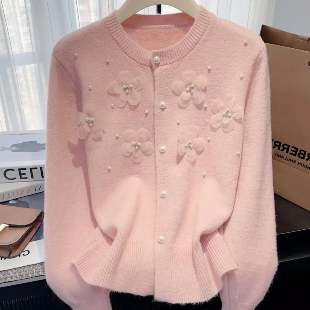 

3D Flower Beading Pink Sweater for Women O-neck Long Sleeve Autumn Winter 2025 Korean Single Breasted Knitwear Cardigans Tops
