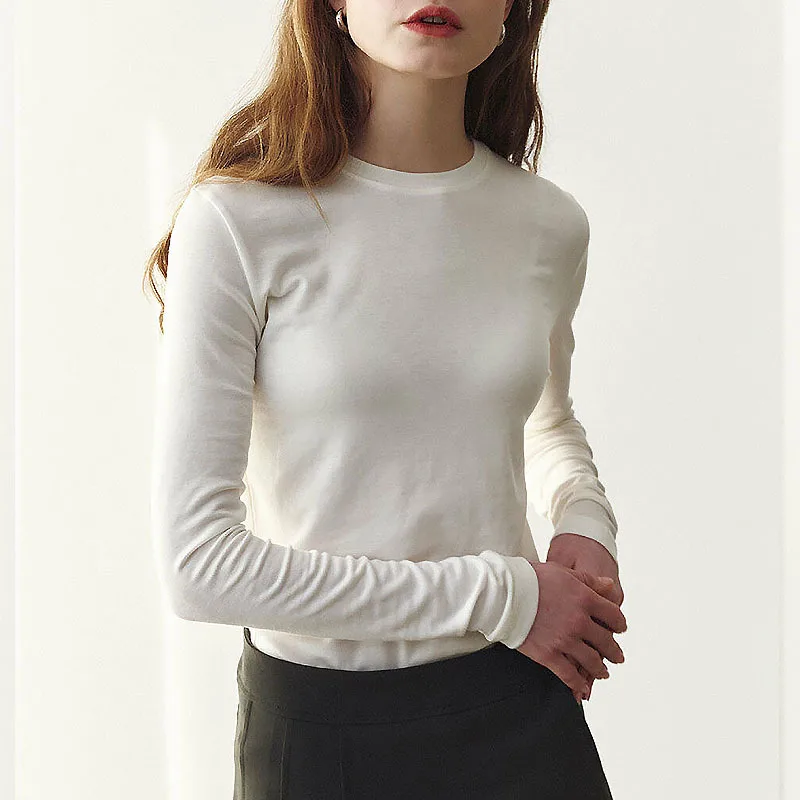 

Женская эластичная футболка из бамбукового волокна, Повседневная однотонная Базовая футболка с длинным рукавом и круглым вырезом для осени