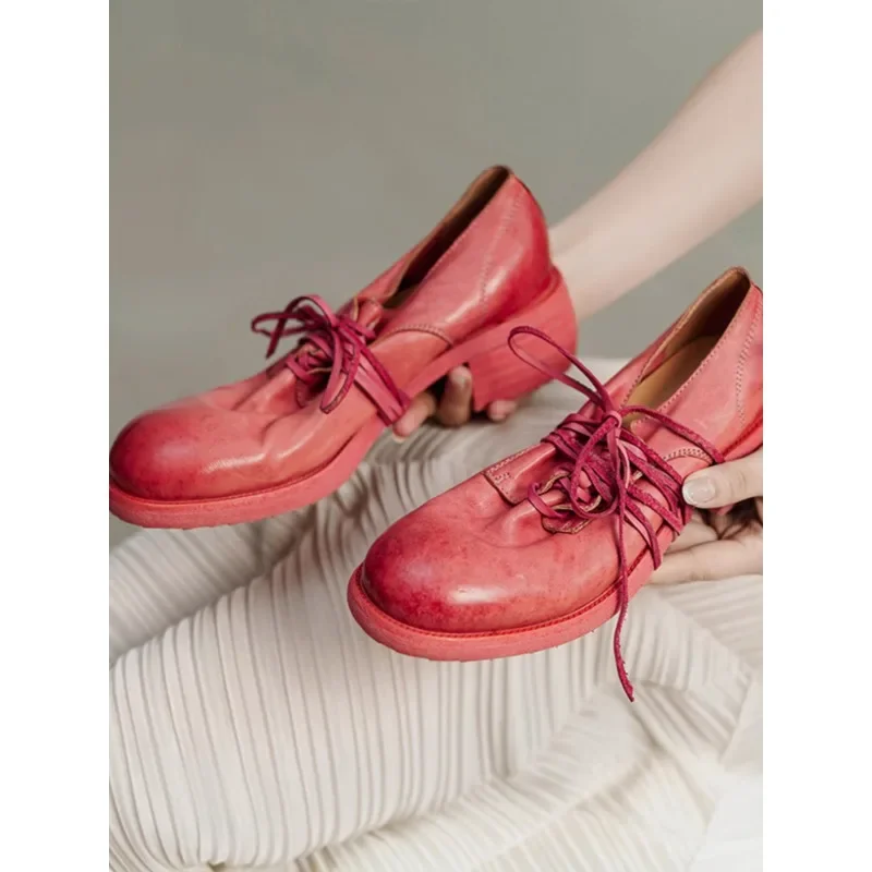 

Medium Heeled Handmade Genuine Leather Single Shoes 2025 New Women Shoes Retro Thick Heeled Lace Shallow Soft Sole Shoes