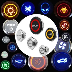 Impermeável LED luz momentânea botão interruptor, padrão personalizado, Auto Reset logotipo símbolo, DIY carro interruptor, 5V, 24V, 16mm, 19mm, 22mm, 25mm, 30 mm