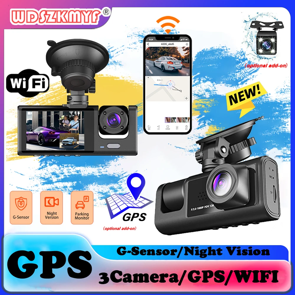 Dash Cam a 3 canali per WIFI GPS Car Videoregistratore 1080P Dashcam Car DVR Telecamera per vista anteriore e posteriore Accessorio per auto per