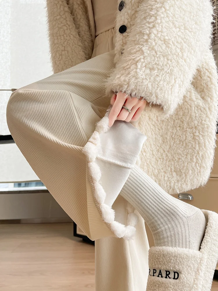 Arco em forma de lã veludo quente veludo calças largas perna para mulheres outono inverno cintura alta emagrecimento solto calças de perna reta