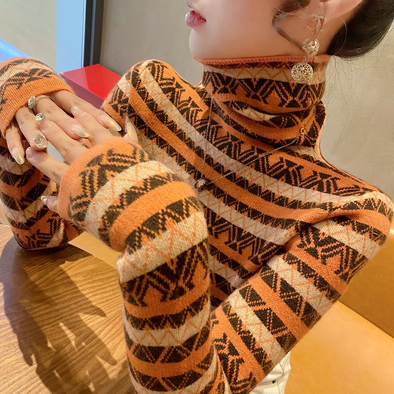 

Women Vintage Striped Jacquard Knitted Sweaters Autumn High Stretch Slim Turtleneck Pullover Daily Commute Warm Long Sleeve Tops