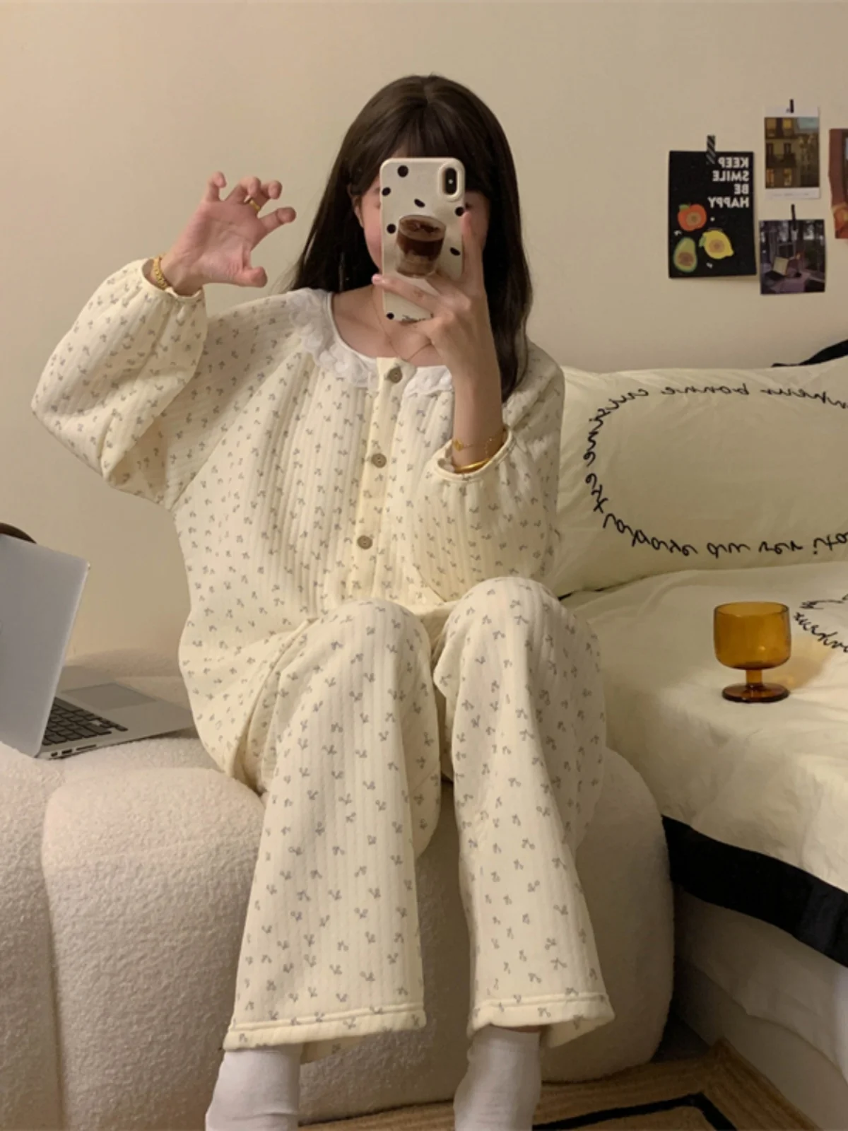 Conjunto de Ropa de Dormir de Aodón con Encaje Floral Dulce, Ropa de Casa con Capas de Aire para Niñas, Ropa Exterior Térmi...