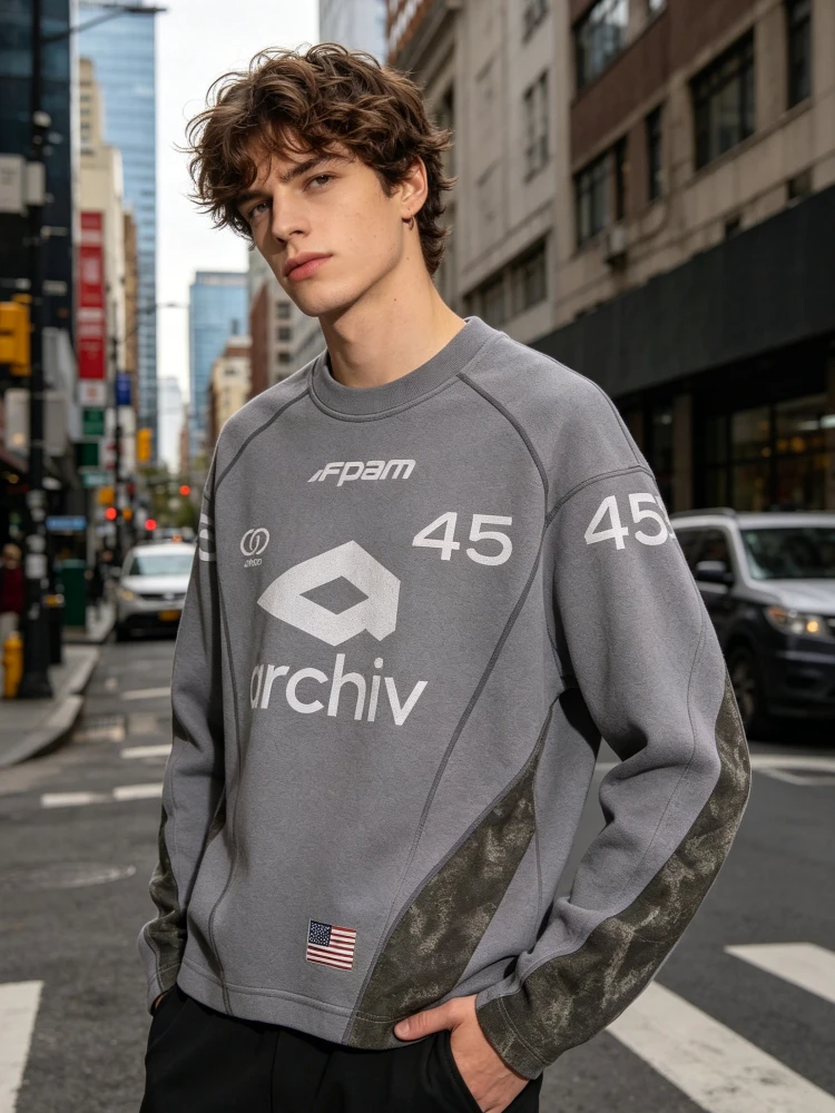 Unisex Cropped Motocross Long Sleeve Jersey Archive Graphic Mesh Camo Splice Number 45 USA Flag Racing Shirt Casual Top