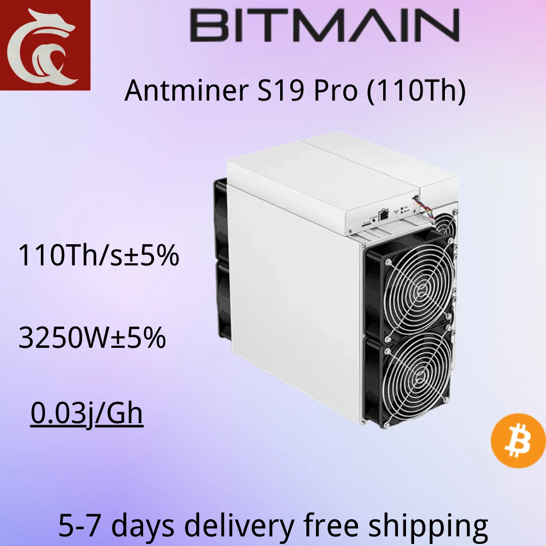 Used Antminer S19pro 110th/s±10% Miner Mining Machine Asic Miner Bitmain Antminer S19 Pro 110t 3250w Include PSU and Power