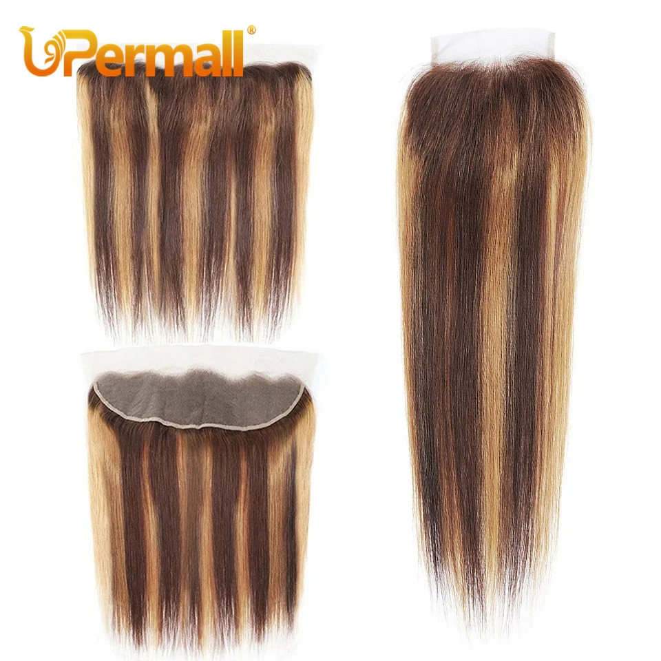 Upermall Highlight 13*6 13*4 Ear To Ear Lace Frontal Pre pluck Swiss Transparent P4/27 2x6 5x5 Closure Piano Human Hair Straight