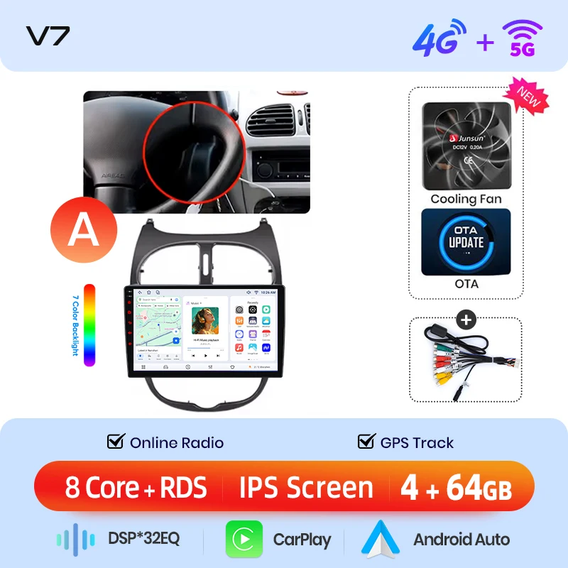 Junsun draadloze CarPlay Android Auto autoradio voor Peugeot 206 (Hatch/CC/SW) 1998-2012 met ingebouwde koelventilator, Android GPS navigatie, multimediaspeler, WiFi, DSP, RDS, BT, SWC, IPS